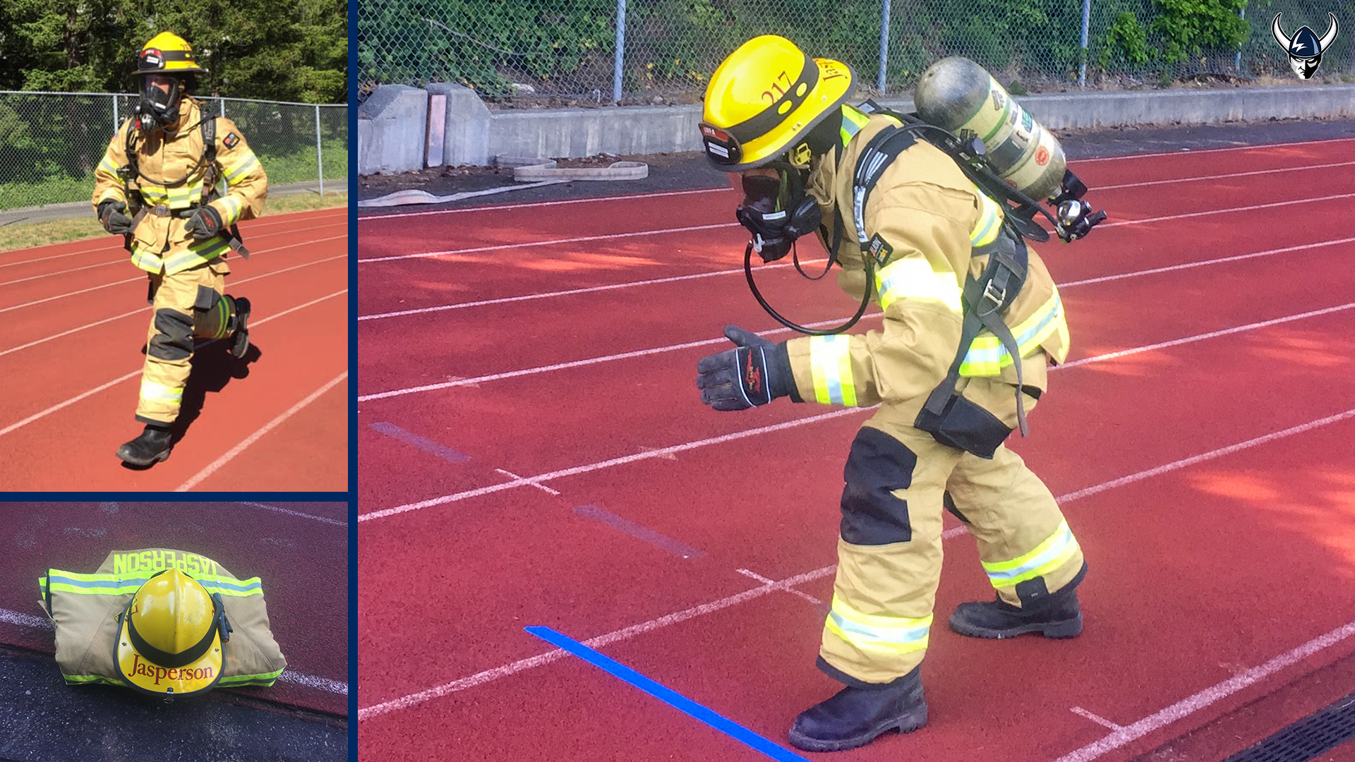 A photo collage of Jasperson on the track wearing full firefighting gear