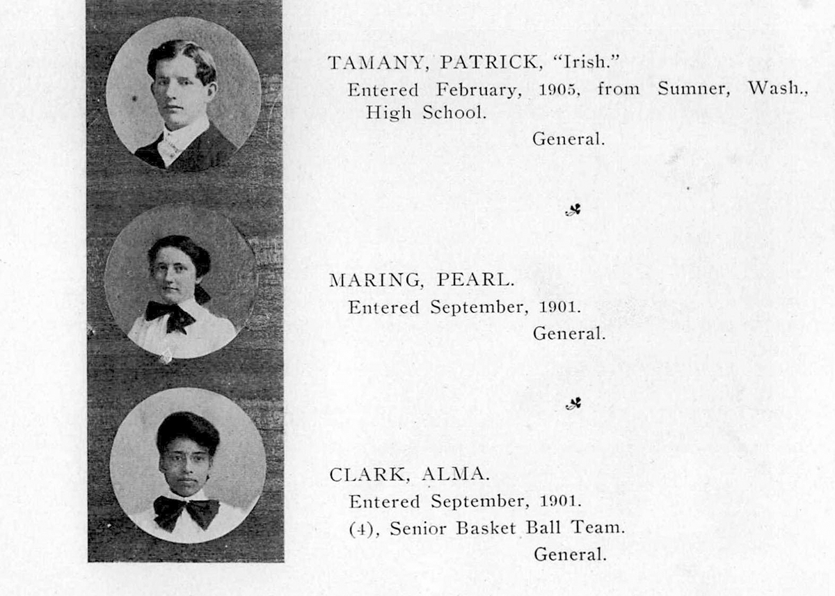 Detail from a page of the 1905 Seattle High School Yearbook, with the words CLARK, ALMA, entered Sept. 1901, (4), Senior Basketball, General