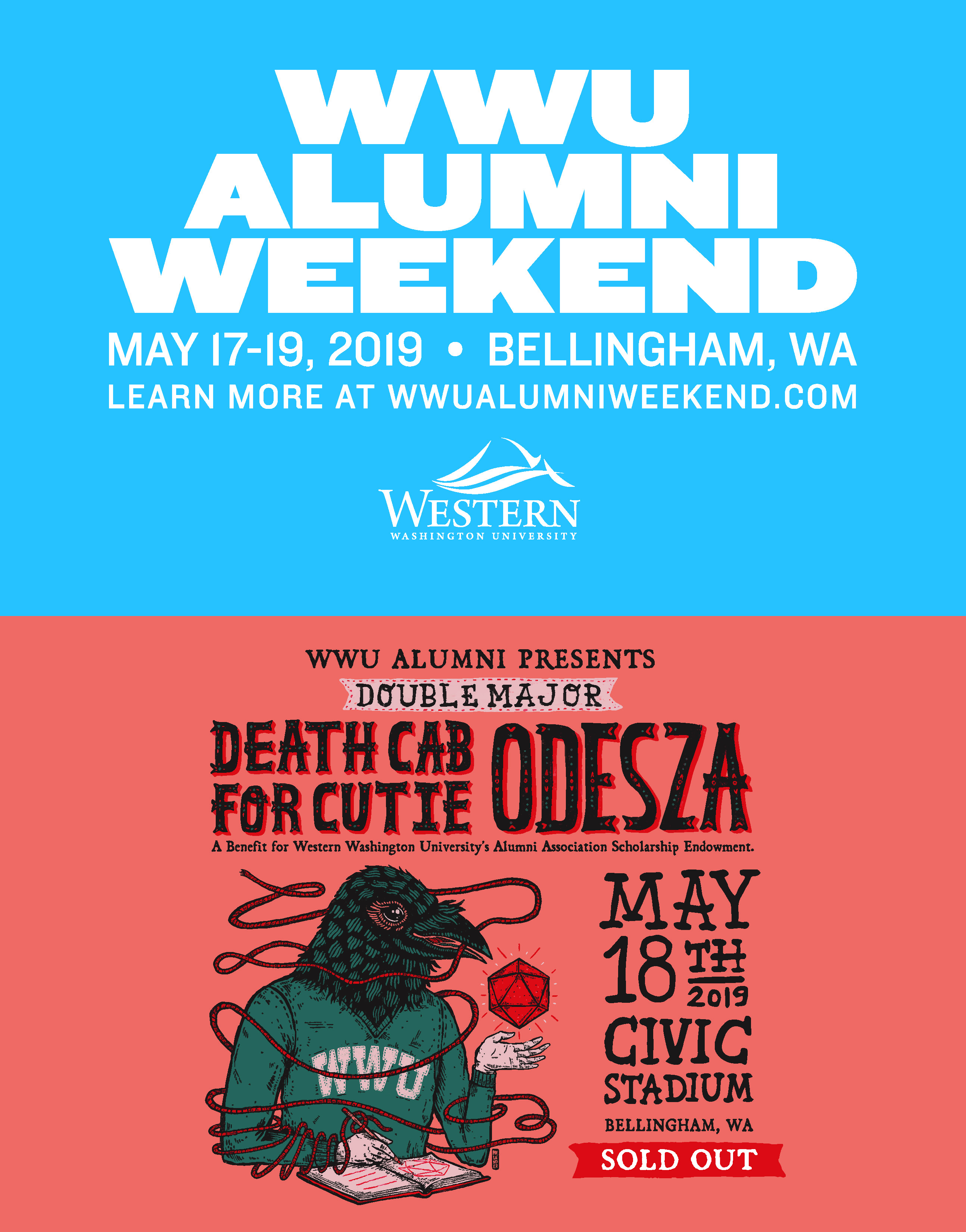 WWU Alumni Weekend May 17-19, 2019, Bellingham, wwualumniweekend.com, WWU Alumni Presents Double major Death Cab for Cutie, ODESZA, May 18, Civic Stadium, Bellingham, WA, Sold Out. 