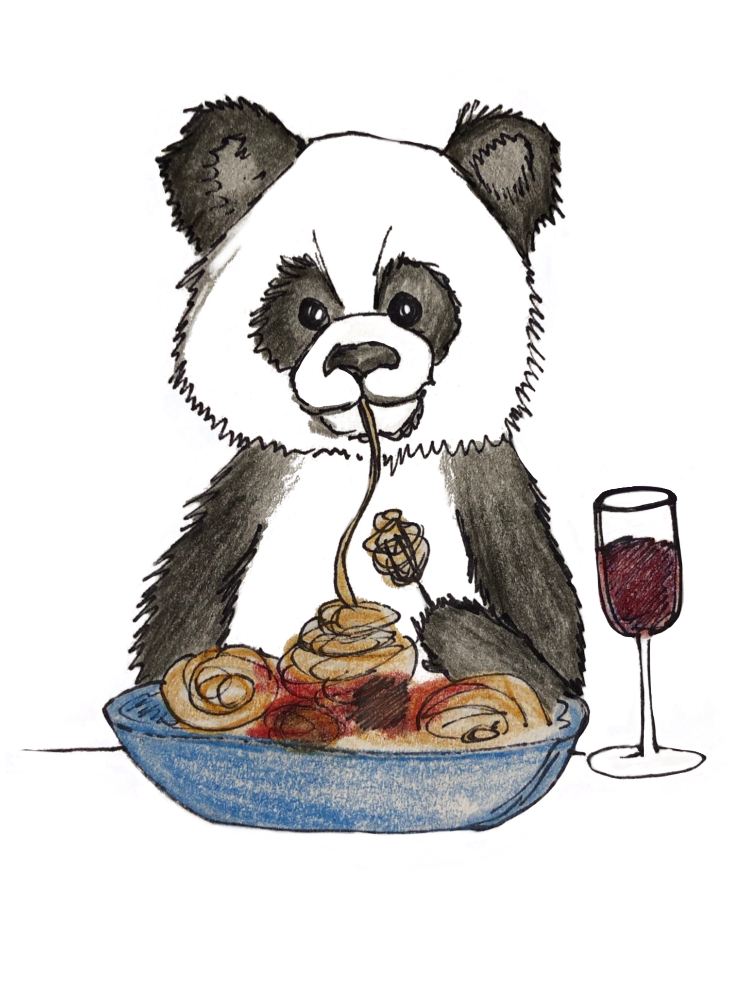 illustration depicting a panda slurping spaghetti from a plate of spaghetti and meatballs, sitting next to a glass of red wine 
