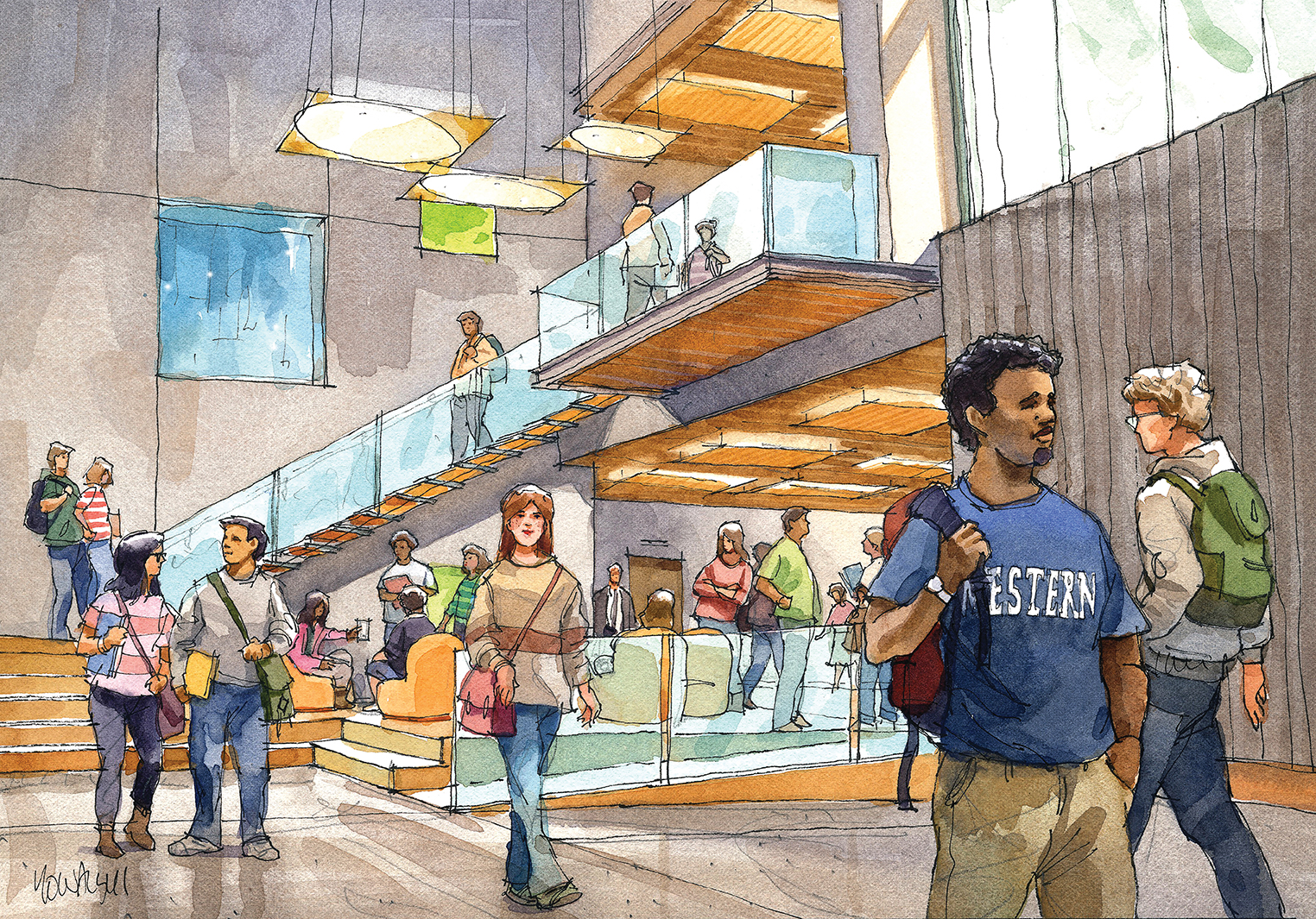 drawing of the building&#039;s interior, with areas for students to collaborate