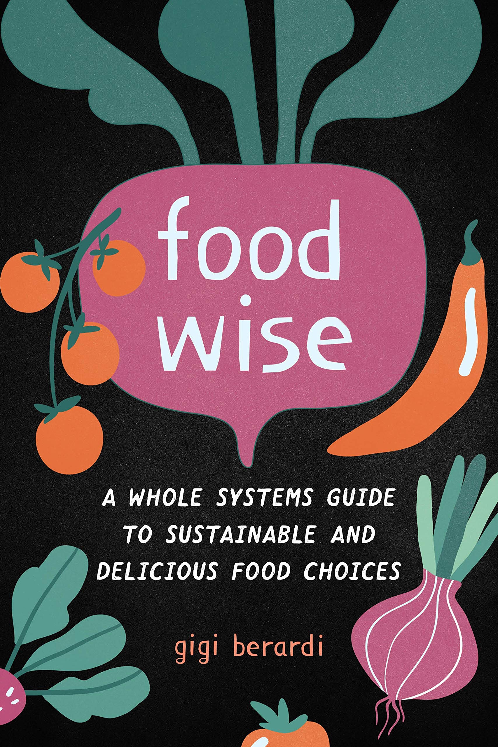 FoodWISE cover shows title and author surrounded by cartoon veggies