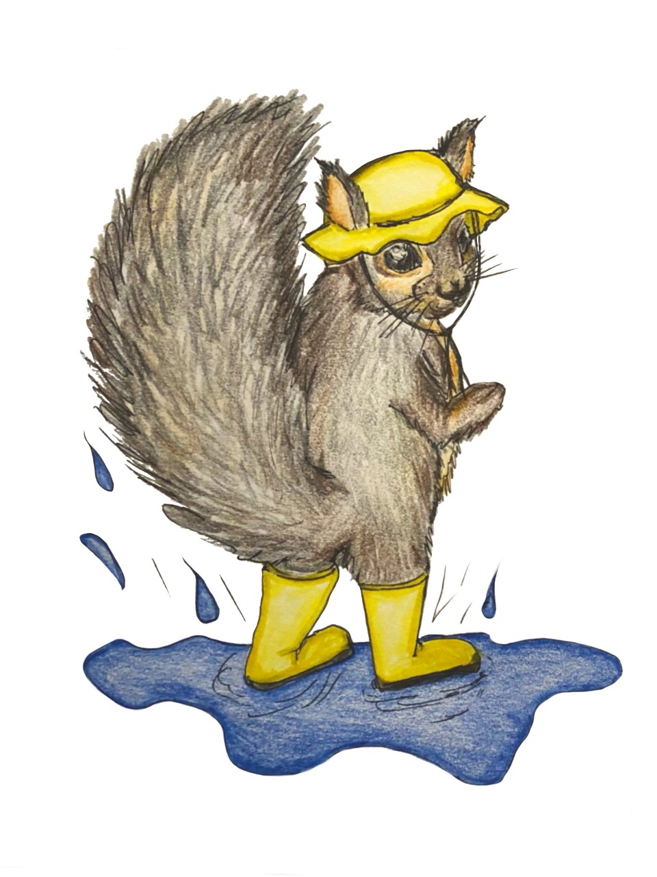 Illustration of a squirrel wearing a yellow rain hat and rain boots