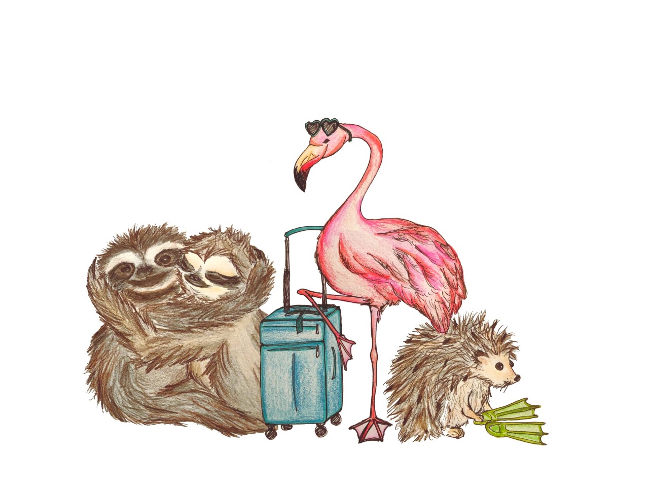 illustration depicting a group of animal friends getting ready to travel. Sloths hug each other, a flamingo wraps a leg around a rolling suitcase, a hedgehog tries on some swim fins