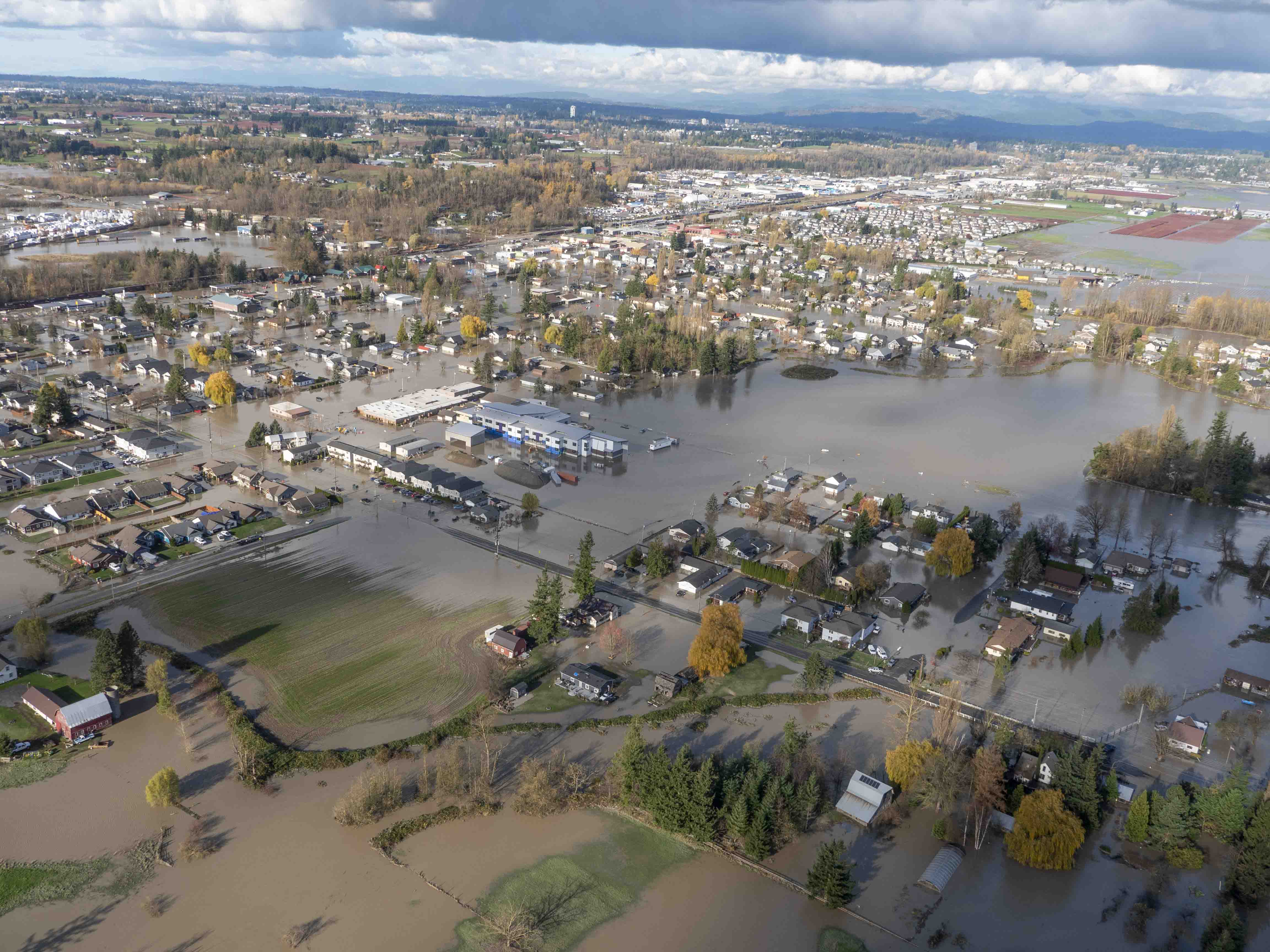 areal view of floods covering much of Sumas 