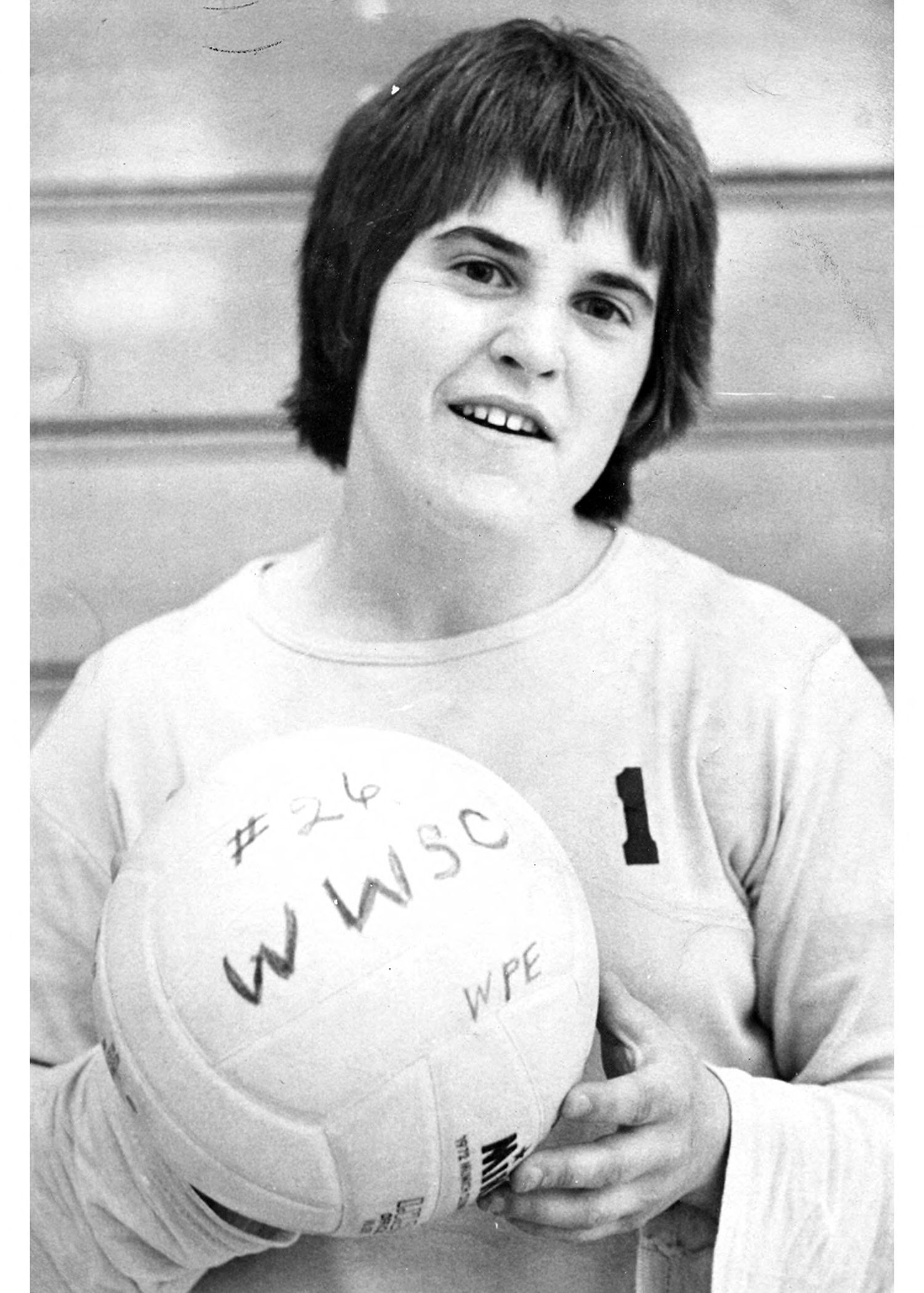 Terri McMahan in 1975 holds a volleyball