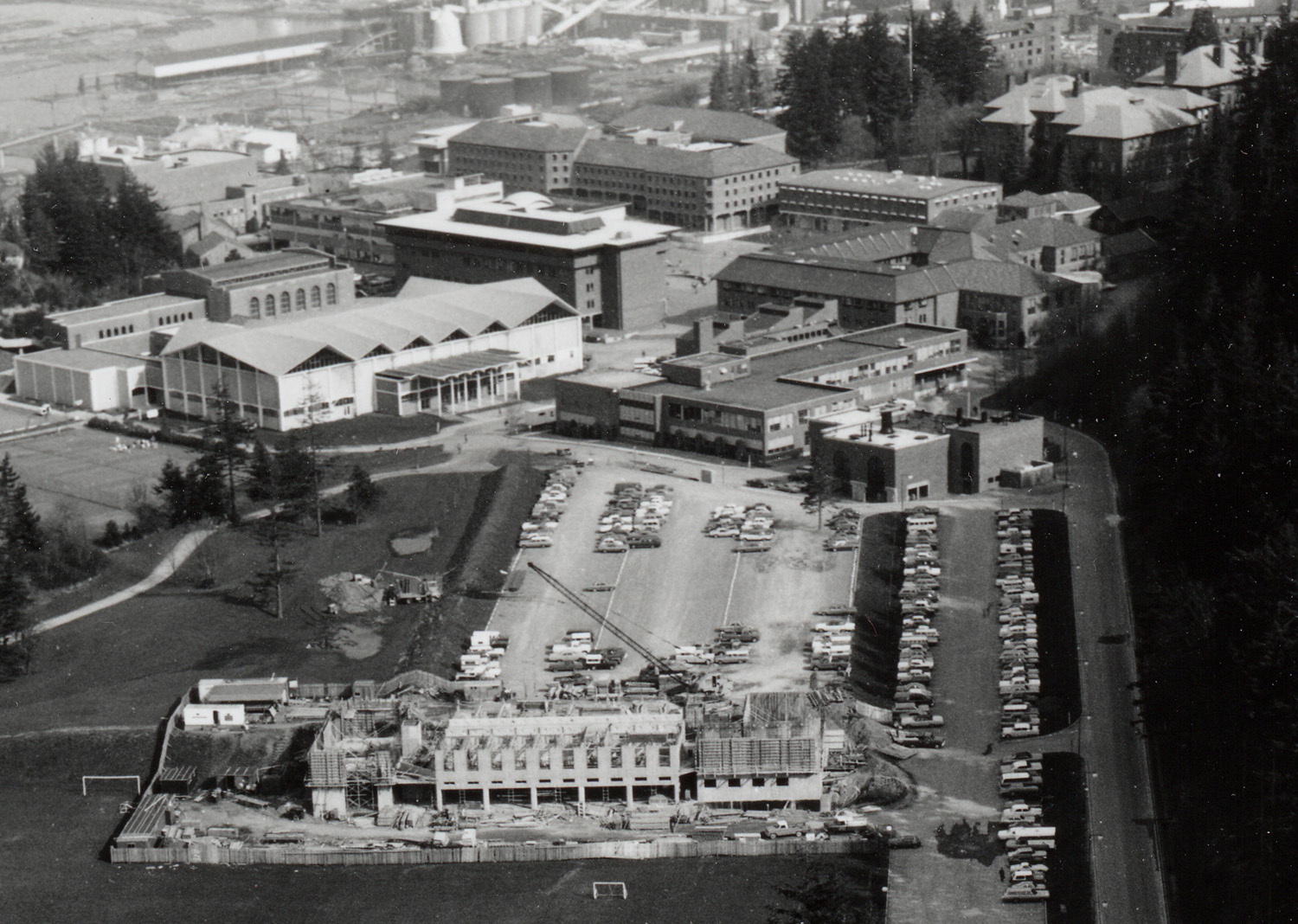 The Environmental Studies building is under construction at the south end of campus in 1972. 