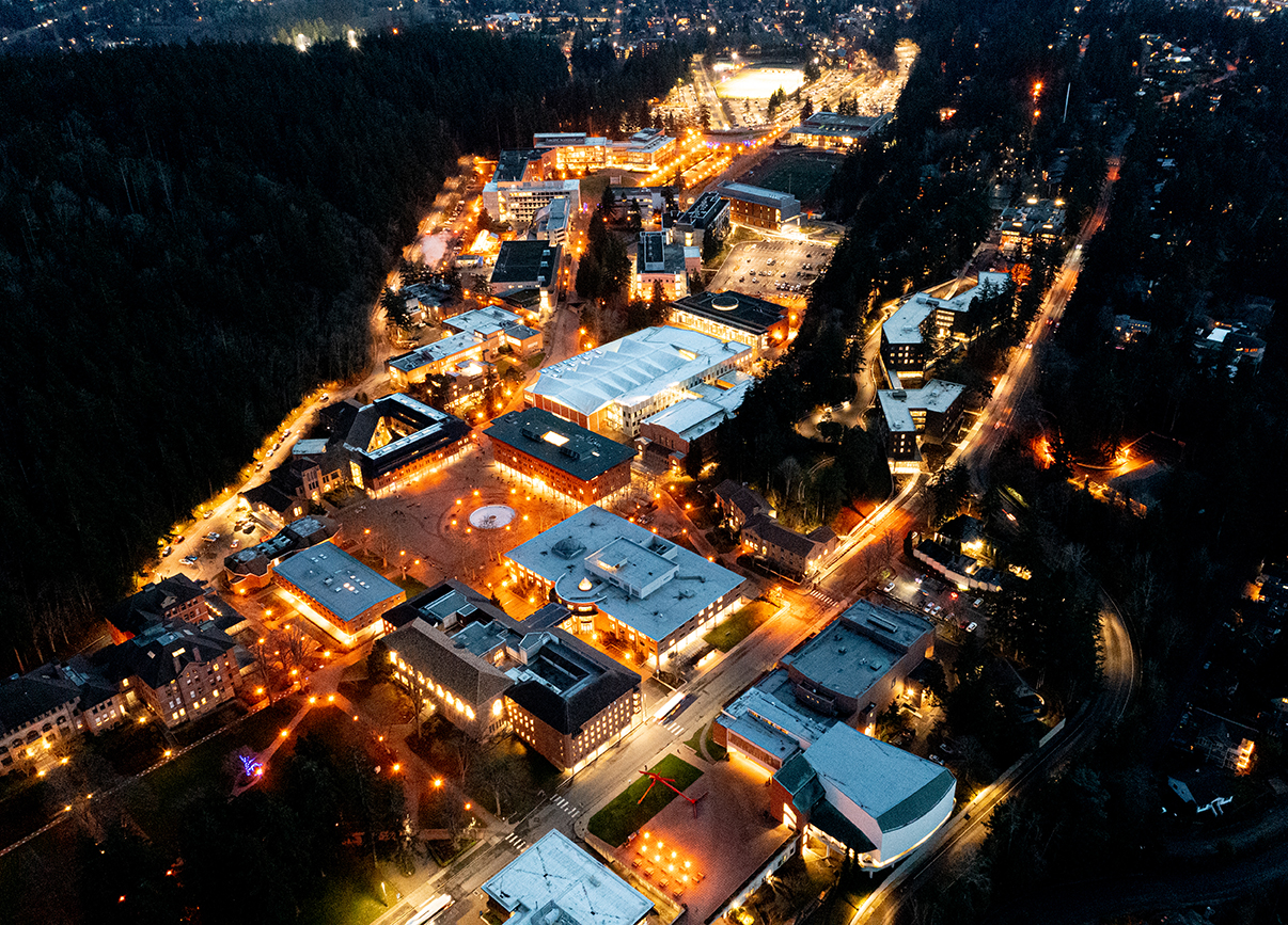 aerial view of Western's campus at night.