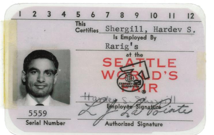 Shergill's 1962 photo ID card from his time working at the Seattle World's Fair.  