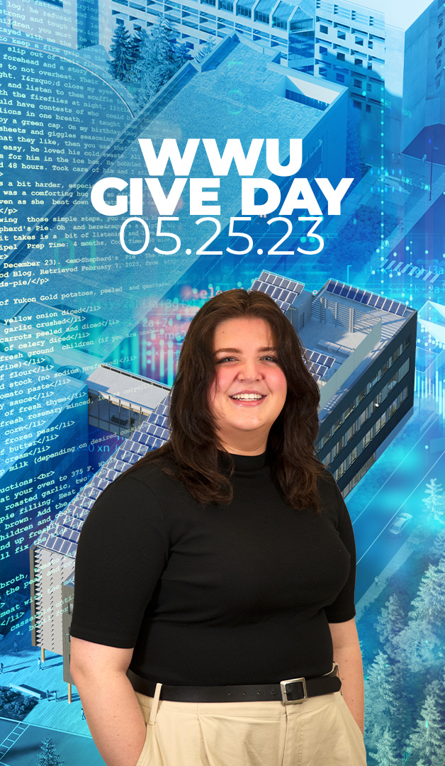 Give Day logo with a picture of a student and rendering of Kaiser Borsari Hall