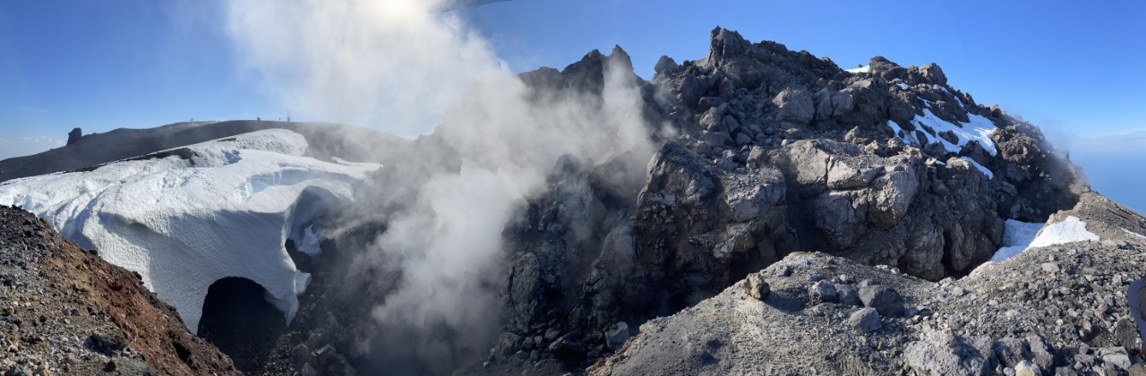 Steam rises from Mount Augustine's crater