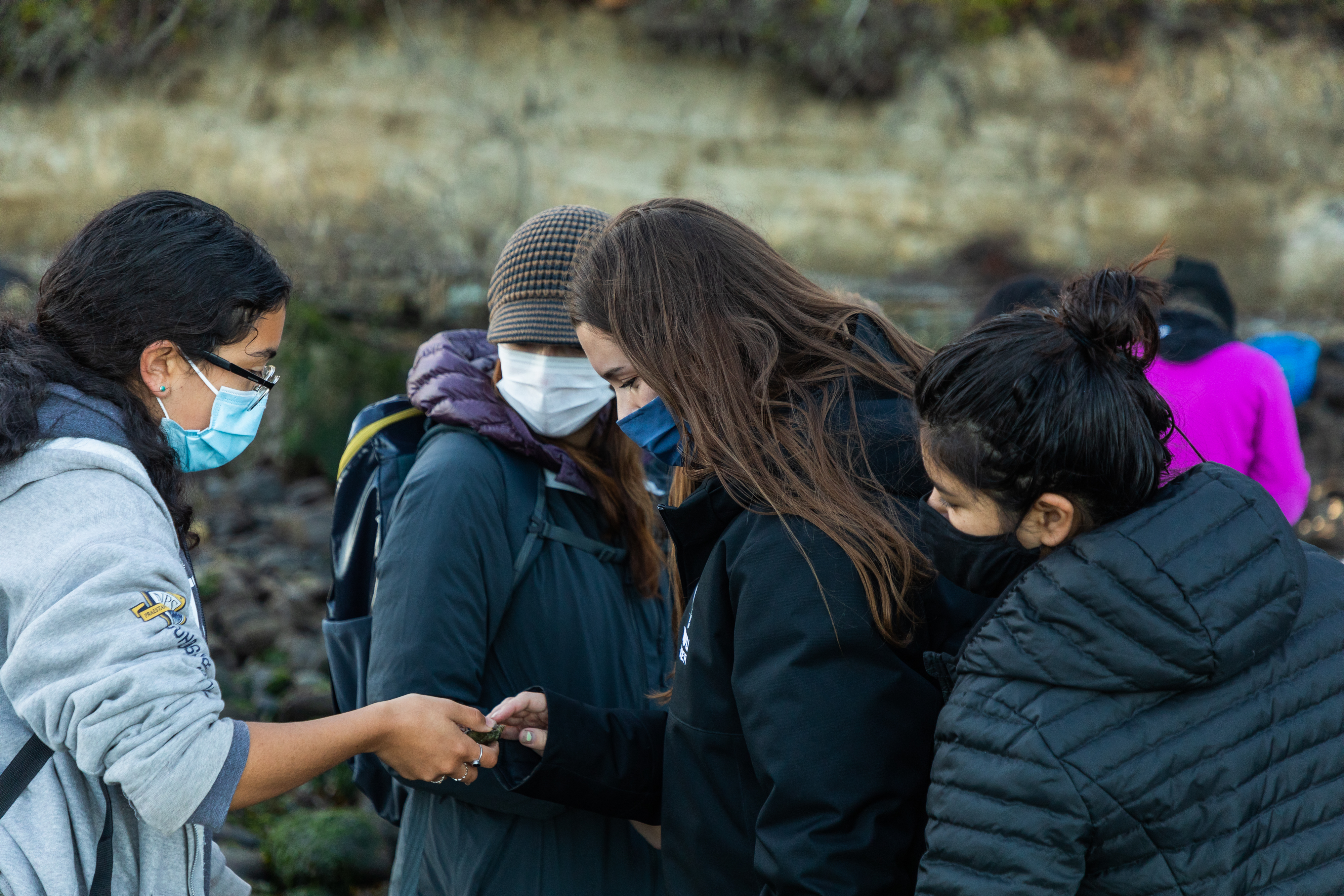 Casey, surrounded by students on a beach, looks at an item in another student's hand. 