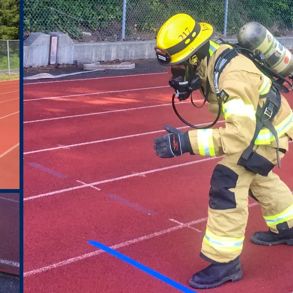 A photo collage of Jasperson on the track wearing full firefighting gear