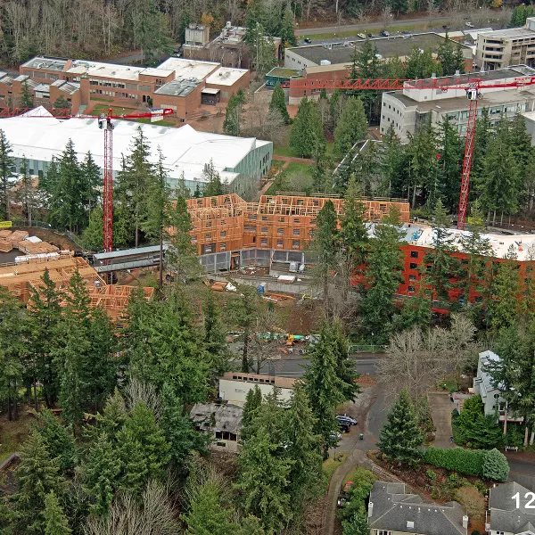 aerial view of the construction of Western&#039;s new residence hall on the Ridge