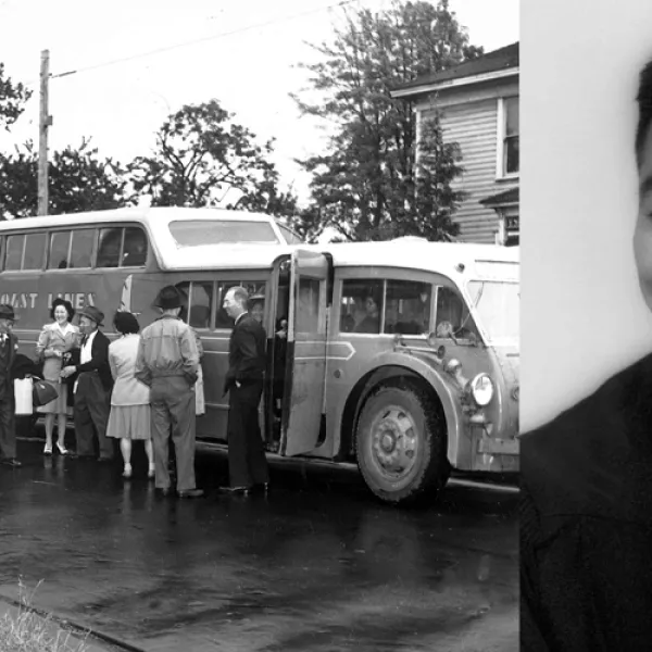 Collage of two black and white photos, one showing Japanese Americans getting on a bus parked on a tree-lined residential street, the other a portrait of a smiling man wearing a graduation gown