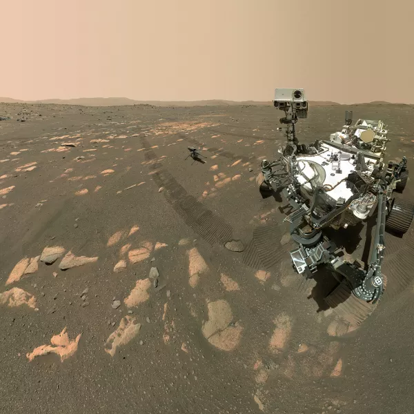 The Mars rover stands on the surface of Mars