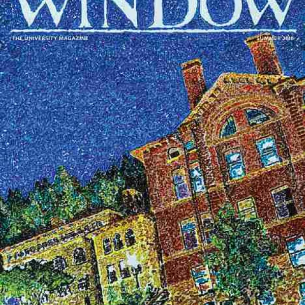 Detailed pointilism art done on a whiteboard of Old Main on the Spring/Summer 2018 cover of Window