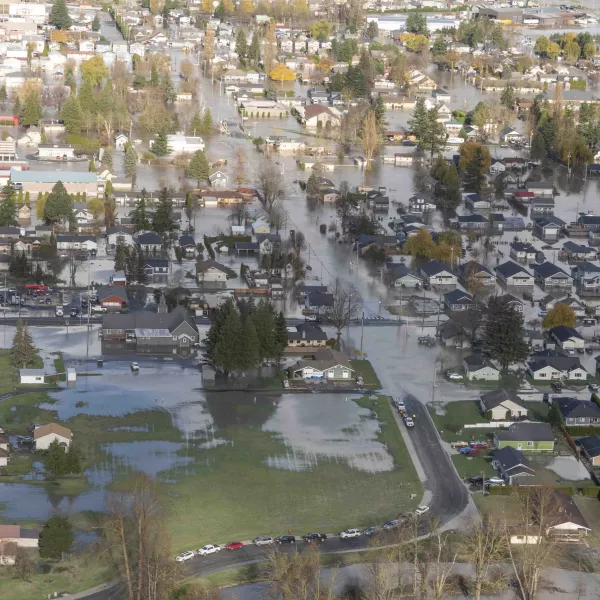 streets and fields in Sumas neighborhoods are flooded in water, taken from an aerial view