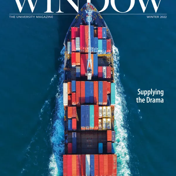 Container ship on the cover of Window Winter 2022