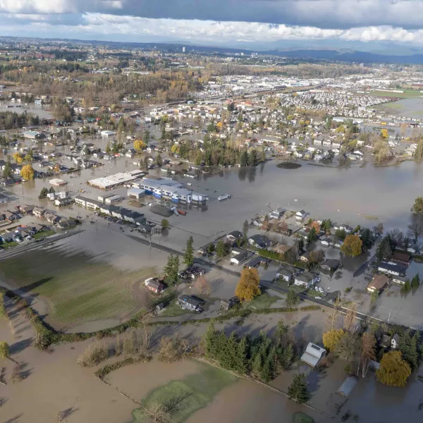 areal view of floods covering much of Sumas 