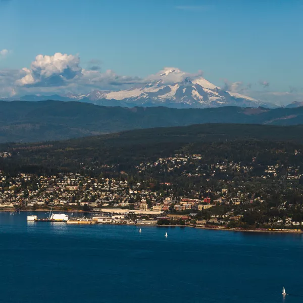 Mount Baker looms over Bellingham and the bay