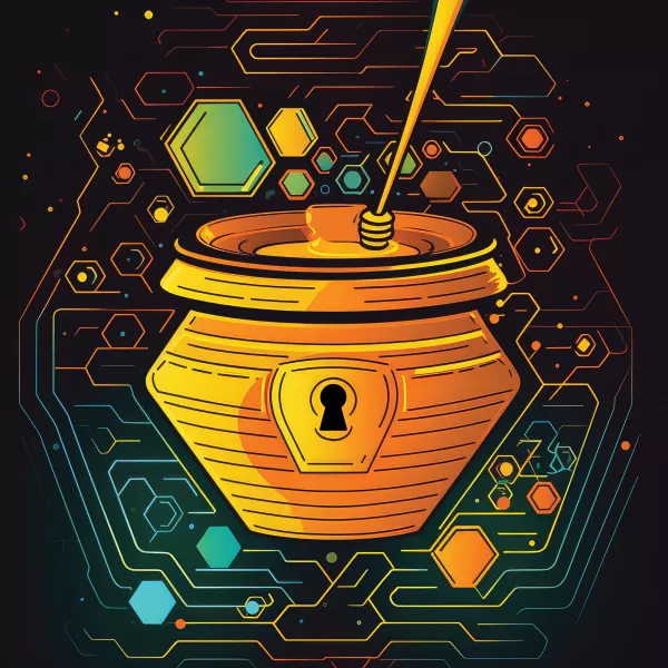 illustration of a honeypot with a keyhole on the front, surrounded by stylized computer circuits and honeycomb shapes