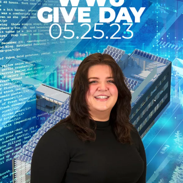 Give Day logo with a picture of a student and rendering of Kaiser Borsari Hall