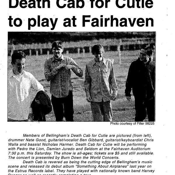 Western Front 1999 news clipping Death Cab for Cutie to play at Fairhaven with a photo of the band