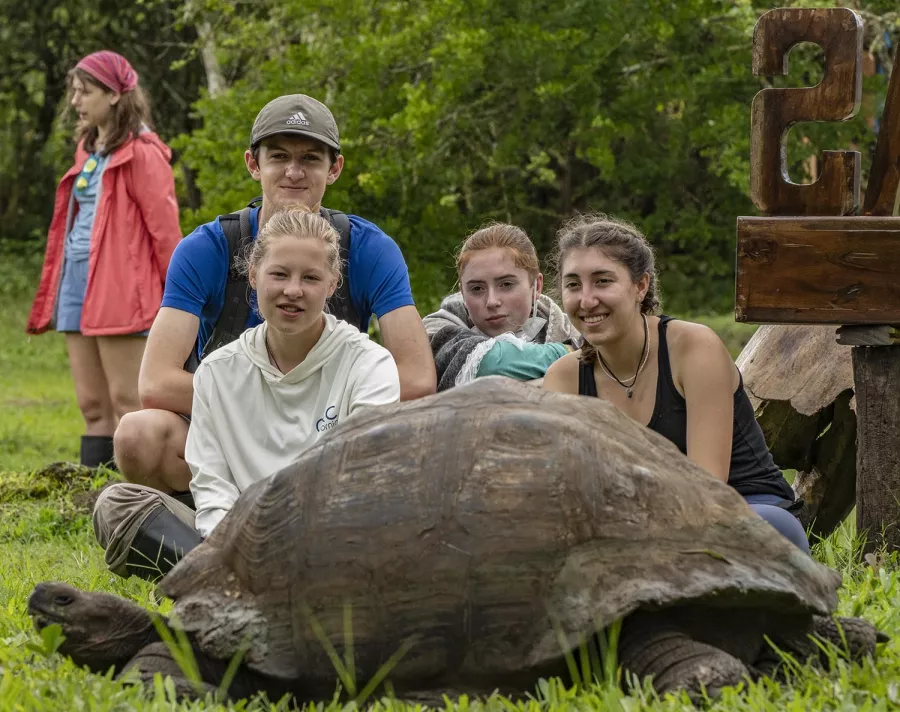 A group of students sitting together as they observe a giant tortoise walking by