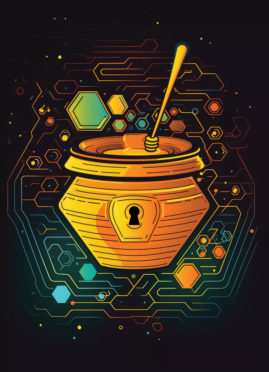 a honeypot with a keyhole on the front, surrounded by stylized computer circuits and honeycomb shapes, representing the honeypot systems built by cybersecurity students to protect data