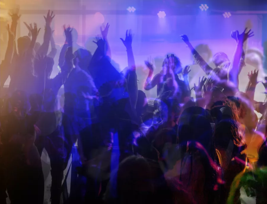 composite image of people dancing and celebrating in the Blue Room