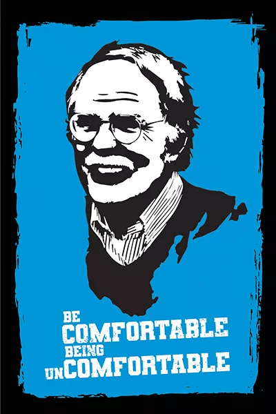 woodblock-style graphic of Tom Roehl's face with the words 'be comfortable being uncomfortable.'