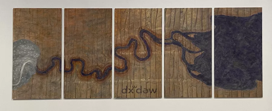 artistic rendering of the meandering curves of the Duwamish River across five panels
