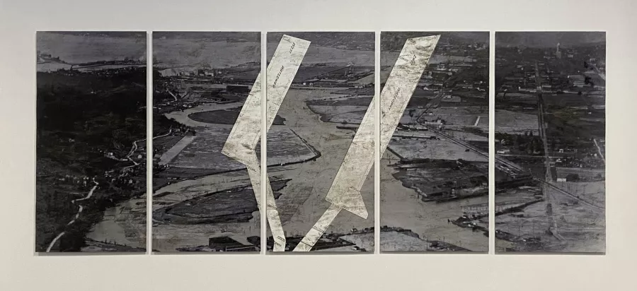 am early black and white photograph of the Duwamish River, displayed across five panels, shows how the river's curves are being replaced by a straight, dredged channel.  