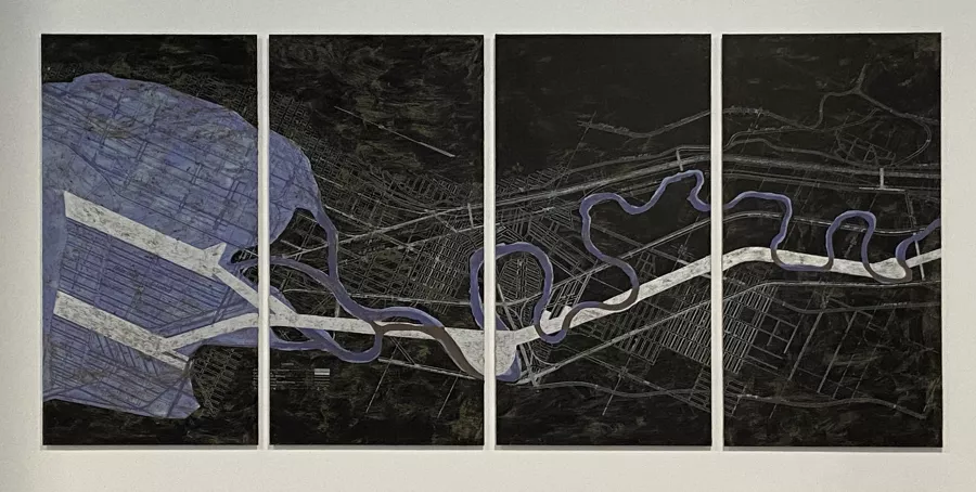 The Duwamish River curves among a grid of city streets across four panels on a black background. A straight white channel cuts through the curves. 