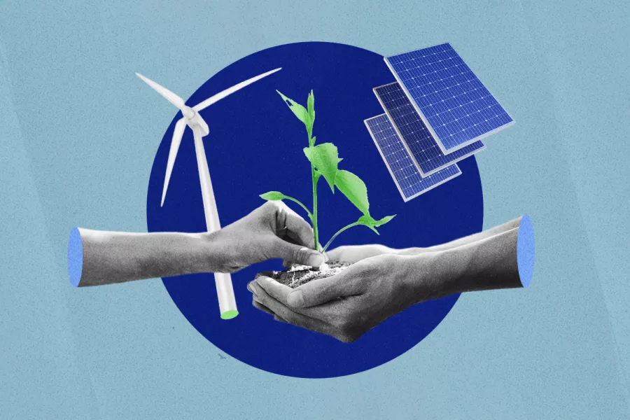 A pair of hands holds enough dirt to contain a small plant. Another hand reaches out to touch the plant. A wind turbine and a solar array are in the background 