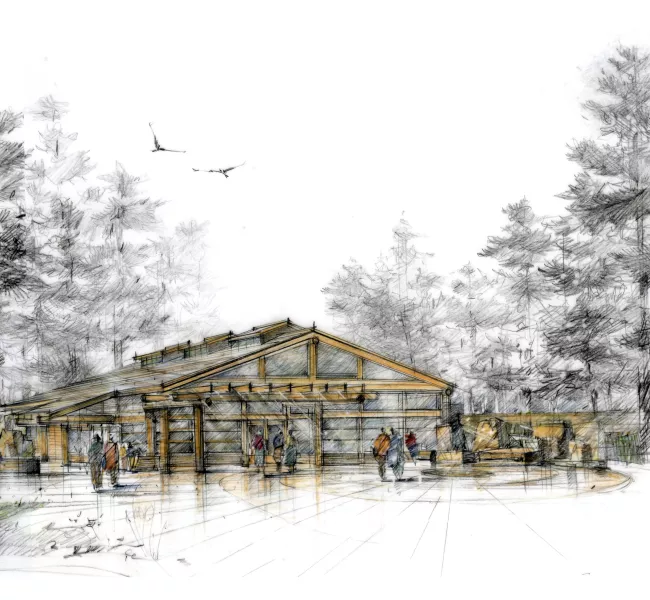 architectural rendering of a Coast Salish longhouse surrounded by trees