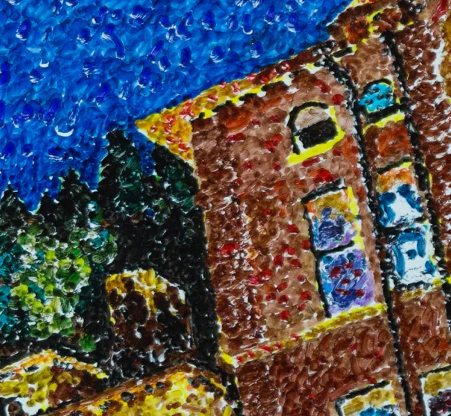 detail of a Brandon Doak&#039;s drawing of Old Main made with dots from dry-erase markers