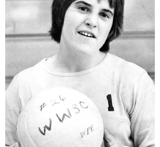 Terri McMahan in 1975 holds a volleyball