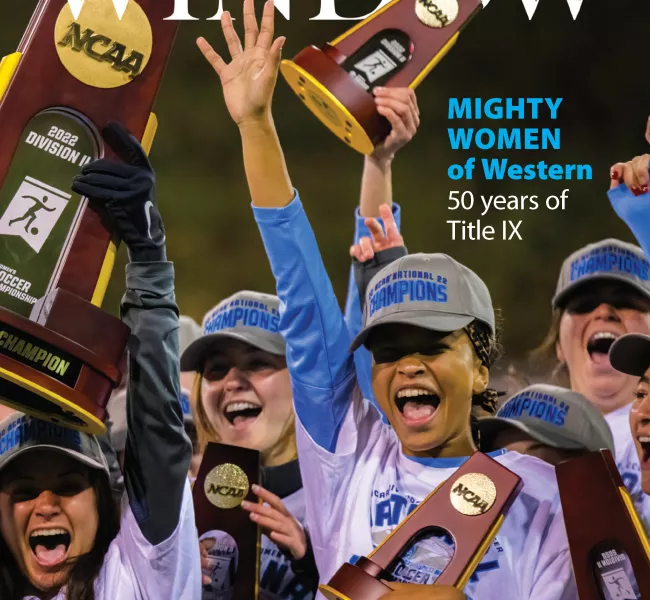 Window magazine cover with the women's soccer team celebrating their national championship. The Mighty Women of Western. 50 years of Title 9
