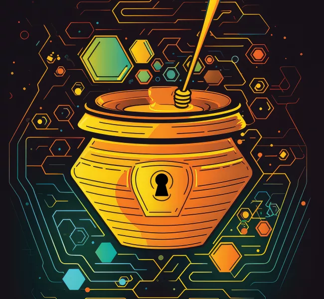 illustration of a honeypot with a keyhole on the front, surrounded by stylized computer circuits and honeycomb shapes