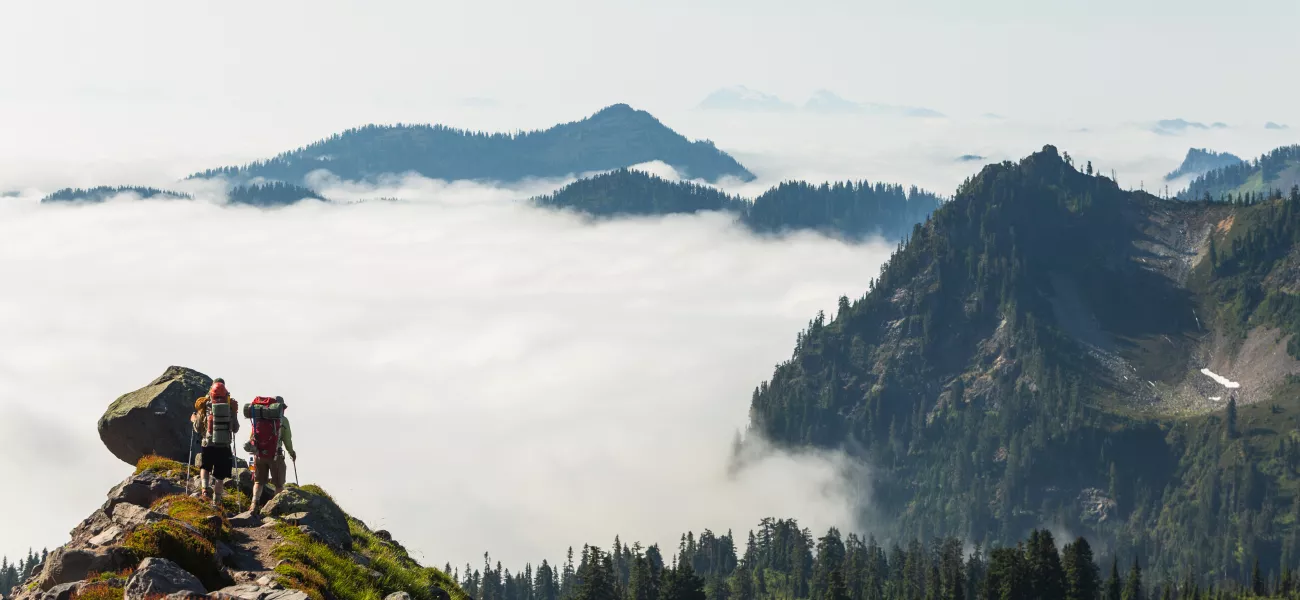 Student researchers backpack to the top of a rocky peak and look out over a forested valley enshrouded in mist 