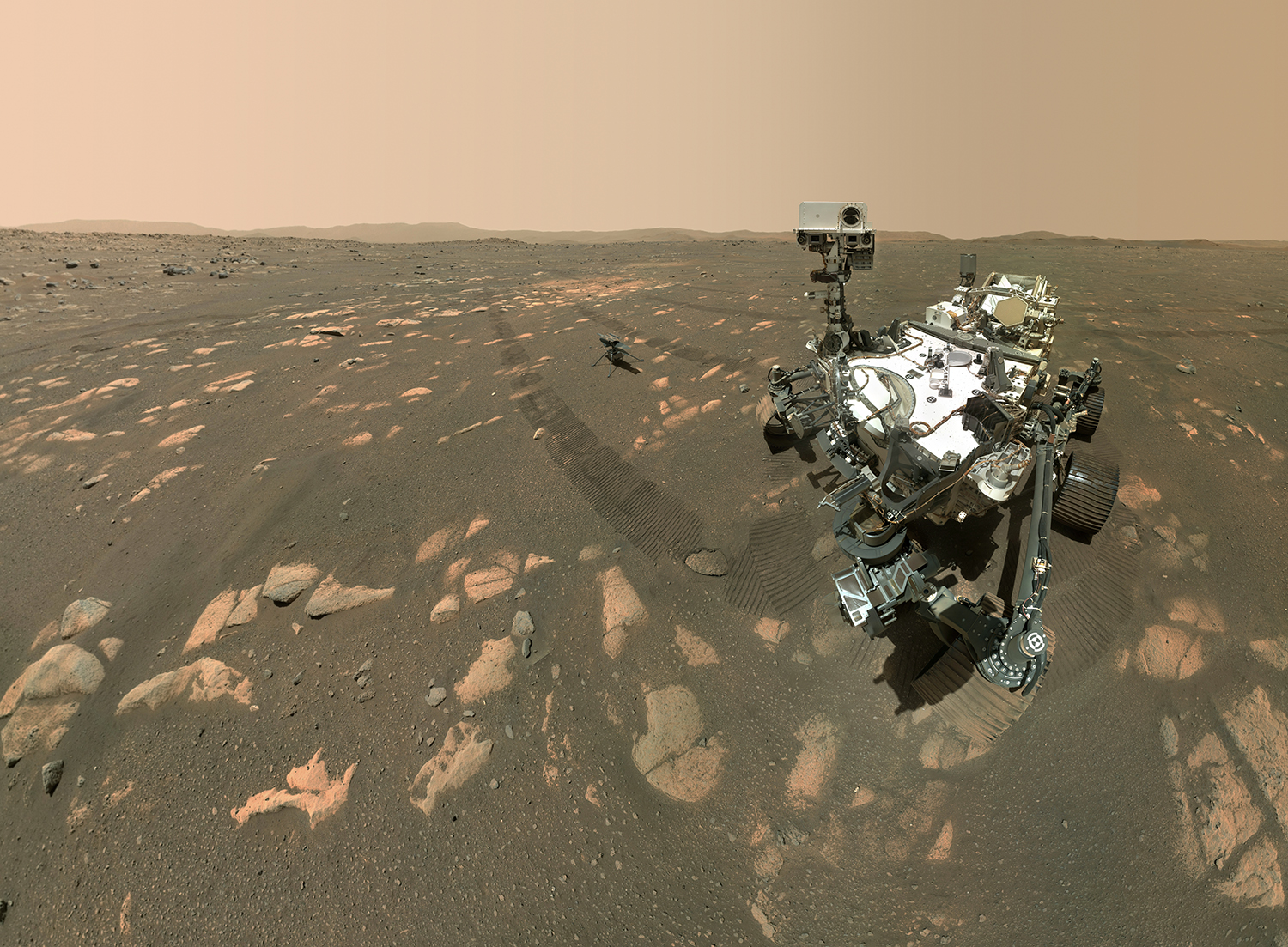 The Mars rover stands on the surface of Mars